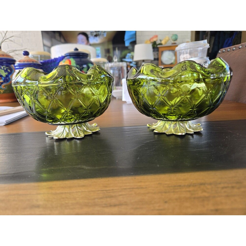 S/2  VTG Pressed Green Depression Glass Footed Bowl Metal Base Candy Dish